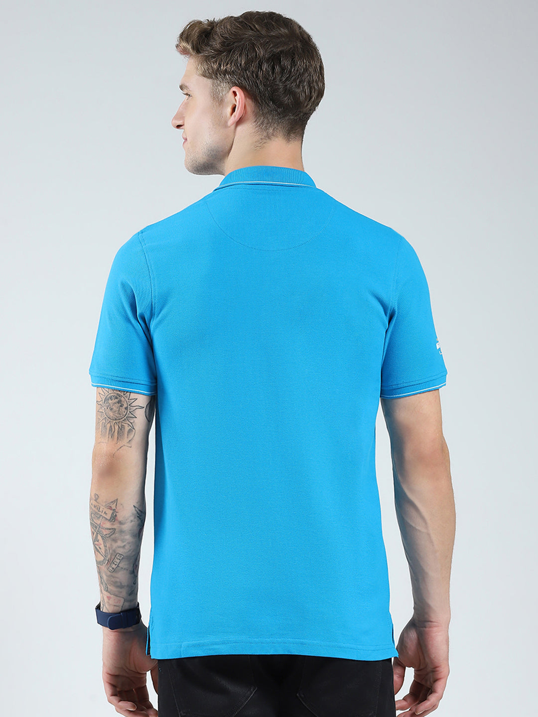 Men Blue Printed Collar Half Sleeve T-Shirt