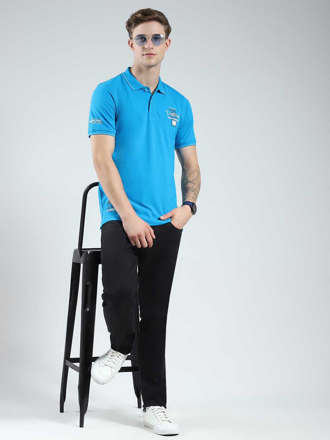 Men Blue Printed Collar Half Sleeve T-Shirt