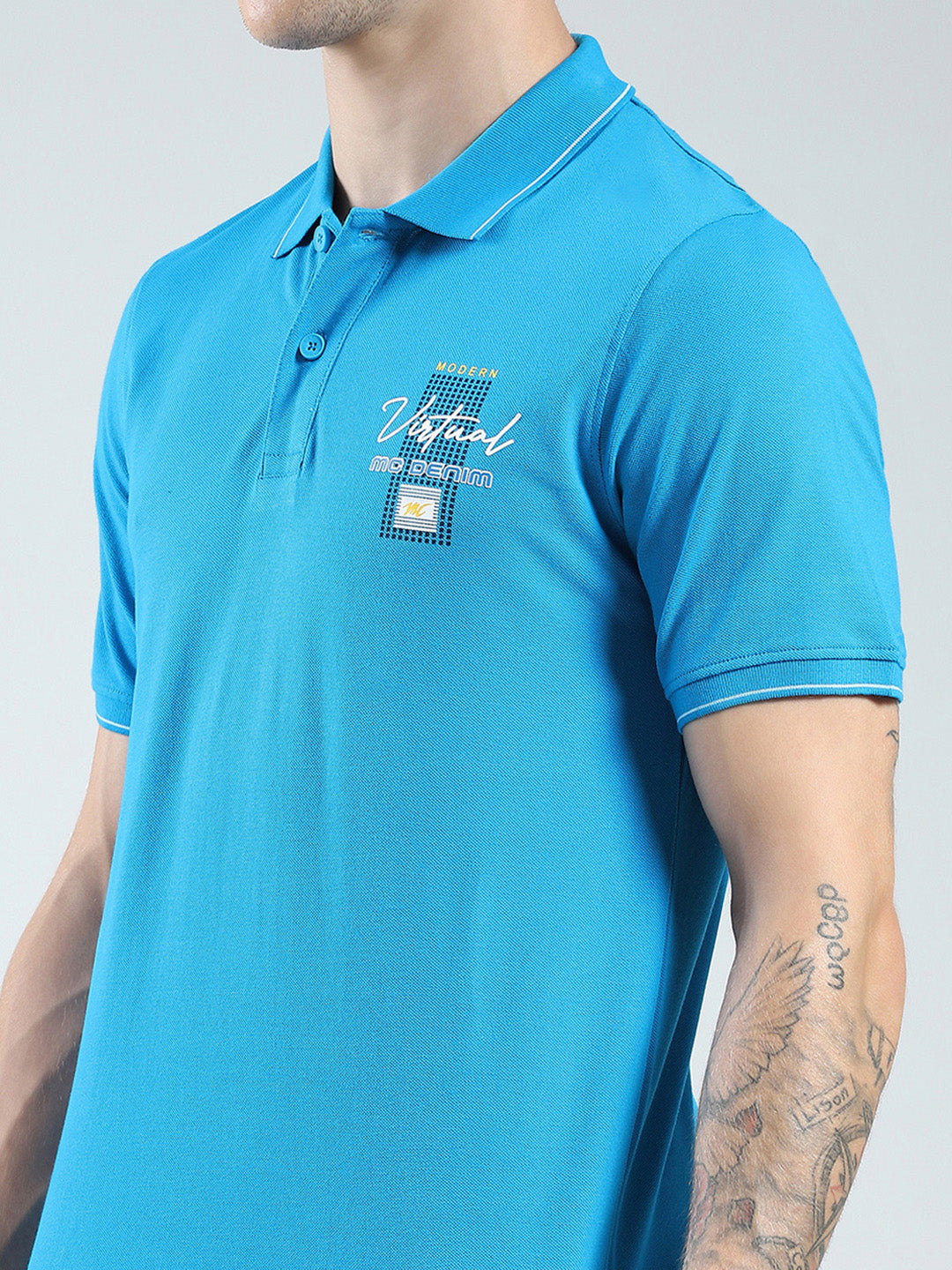 Men Blue Printed Collar Half Sleeve T-Shirt