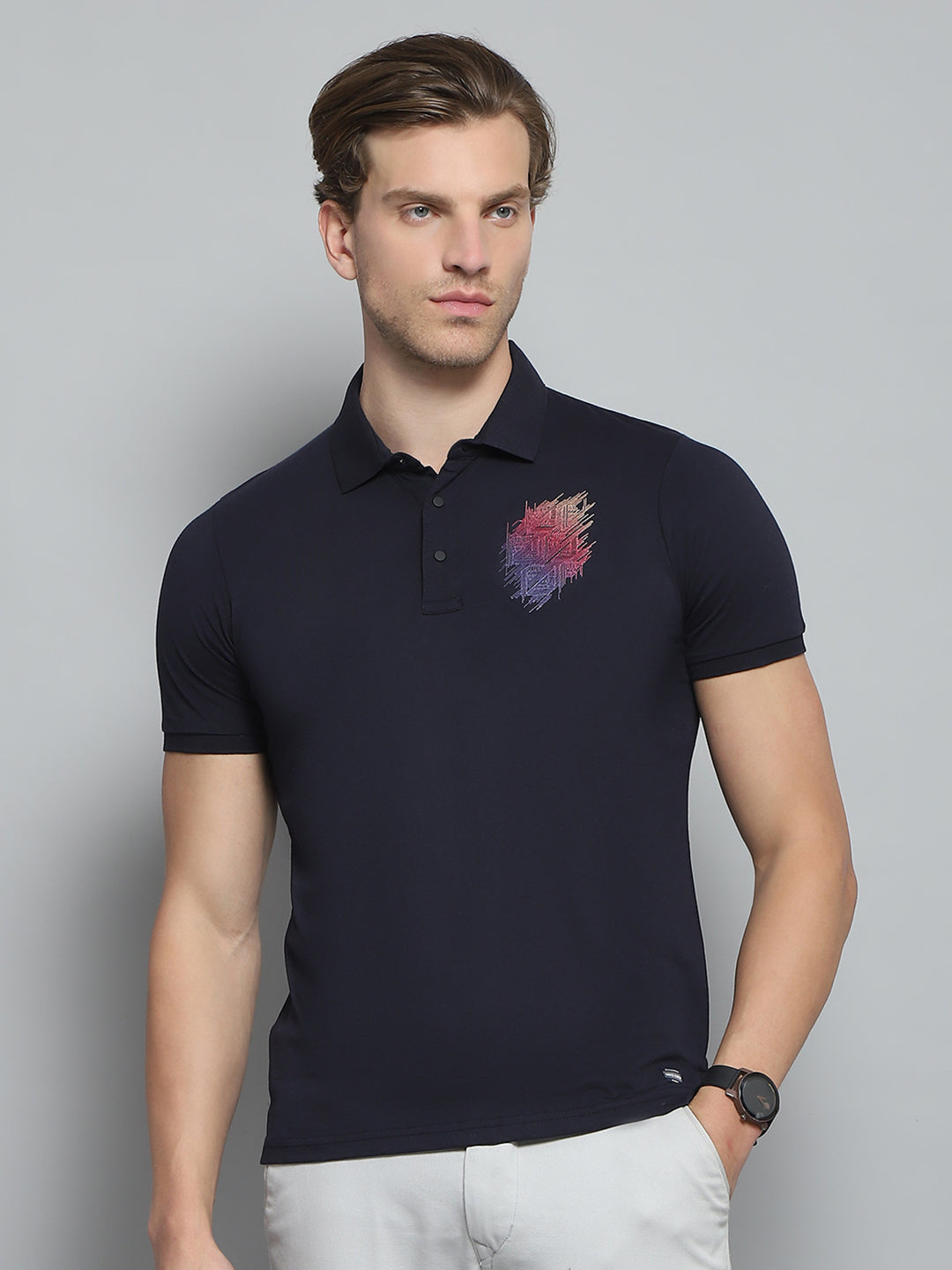 Men Navy Blue Printed Collar Half Sleeve T-Shirt