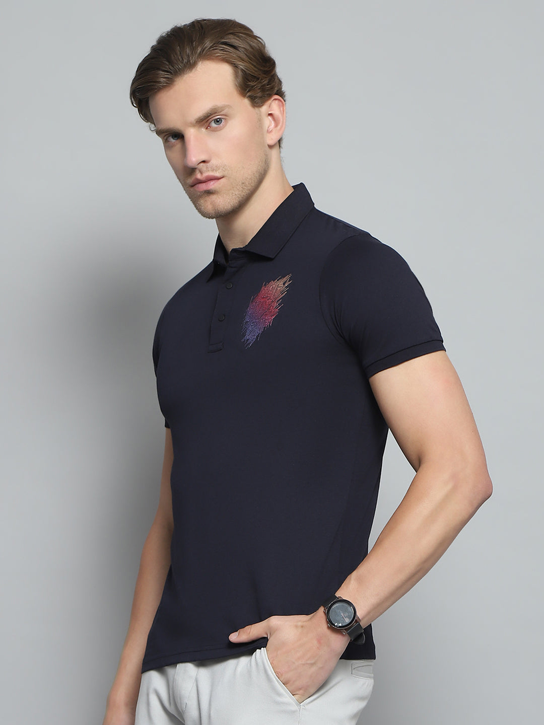 Men Navy Blue Printed Collar Half Sleeve T-Shirt