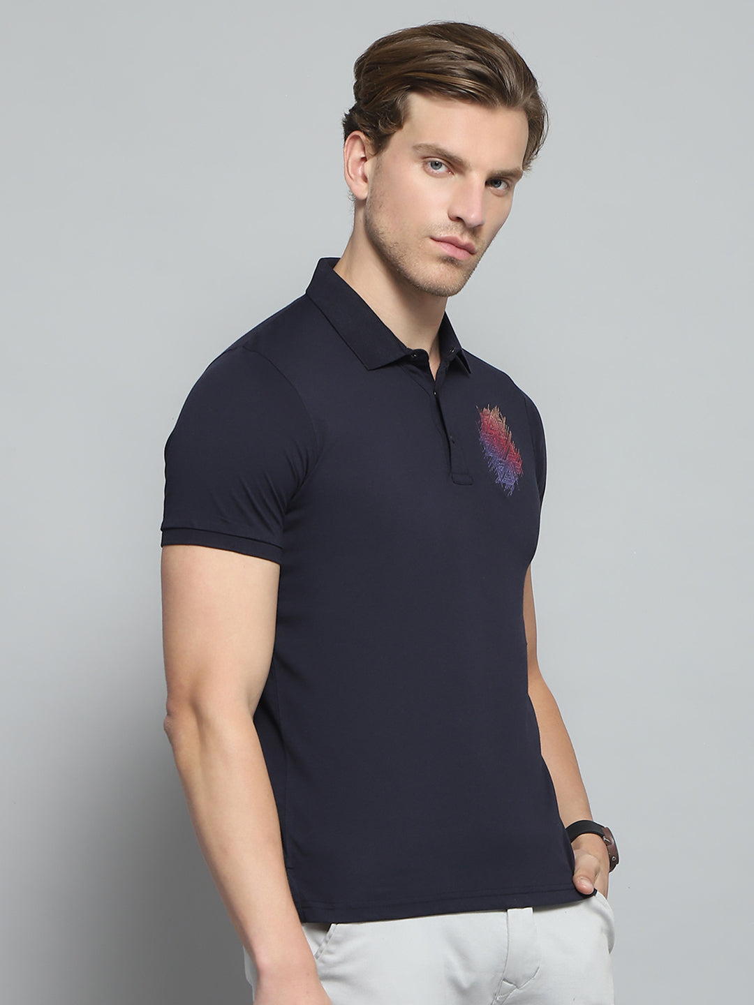 Men Navy Blue Printed Collar Half Sleeve T-Shirt