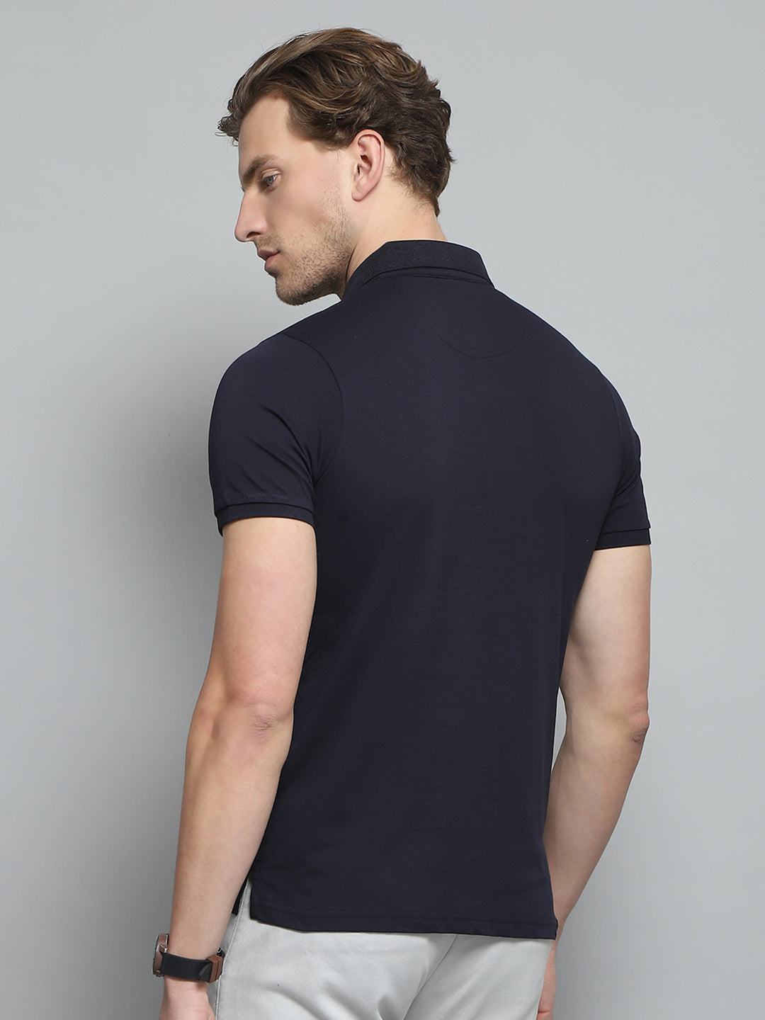 Men Navy Blue Printed Collar Half Sleeve T-Shirt