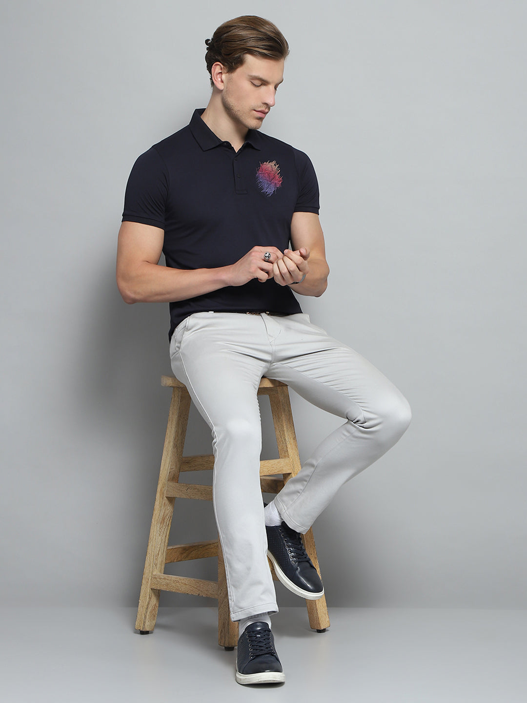 Men Navy Blue Printed Collar Half Sleeve T-Shirt