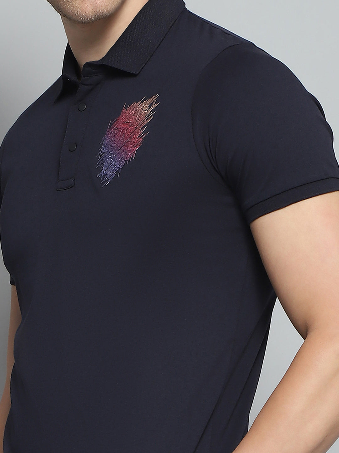 Men Navy Blue Printed Collar Half Sleeve T-Shirt