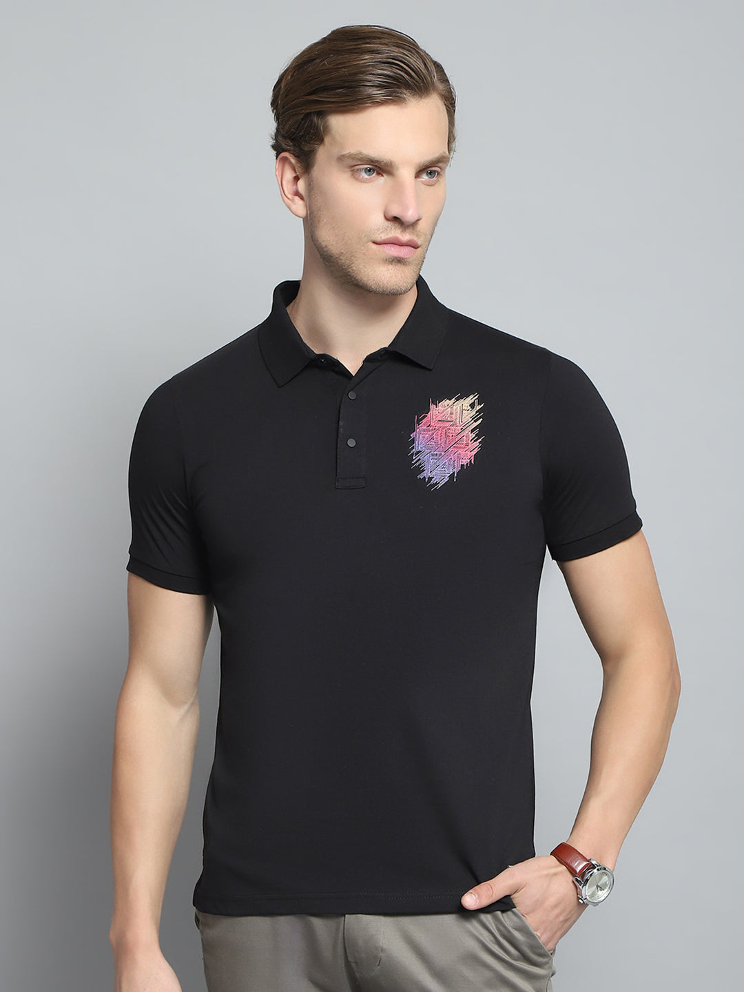 Men Black Printed Collar Half Sleeve T-Shirt