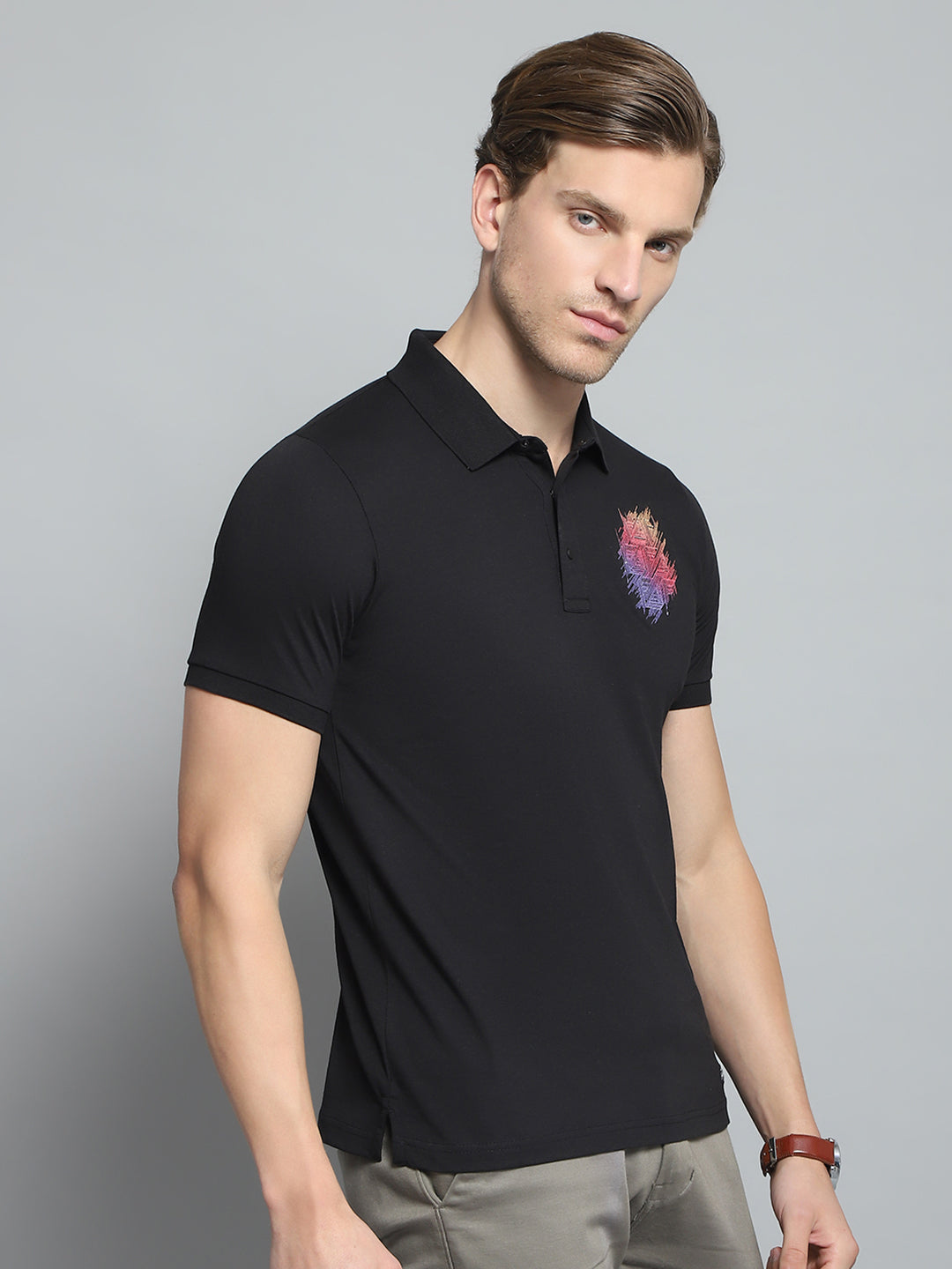 Men Black Printed Collar Half Sleeve T-Shirt