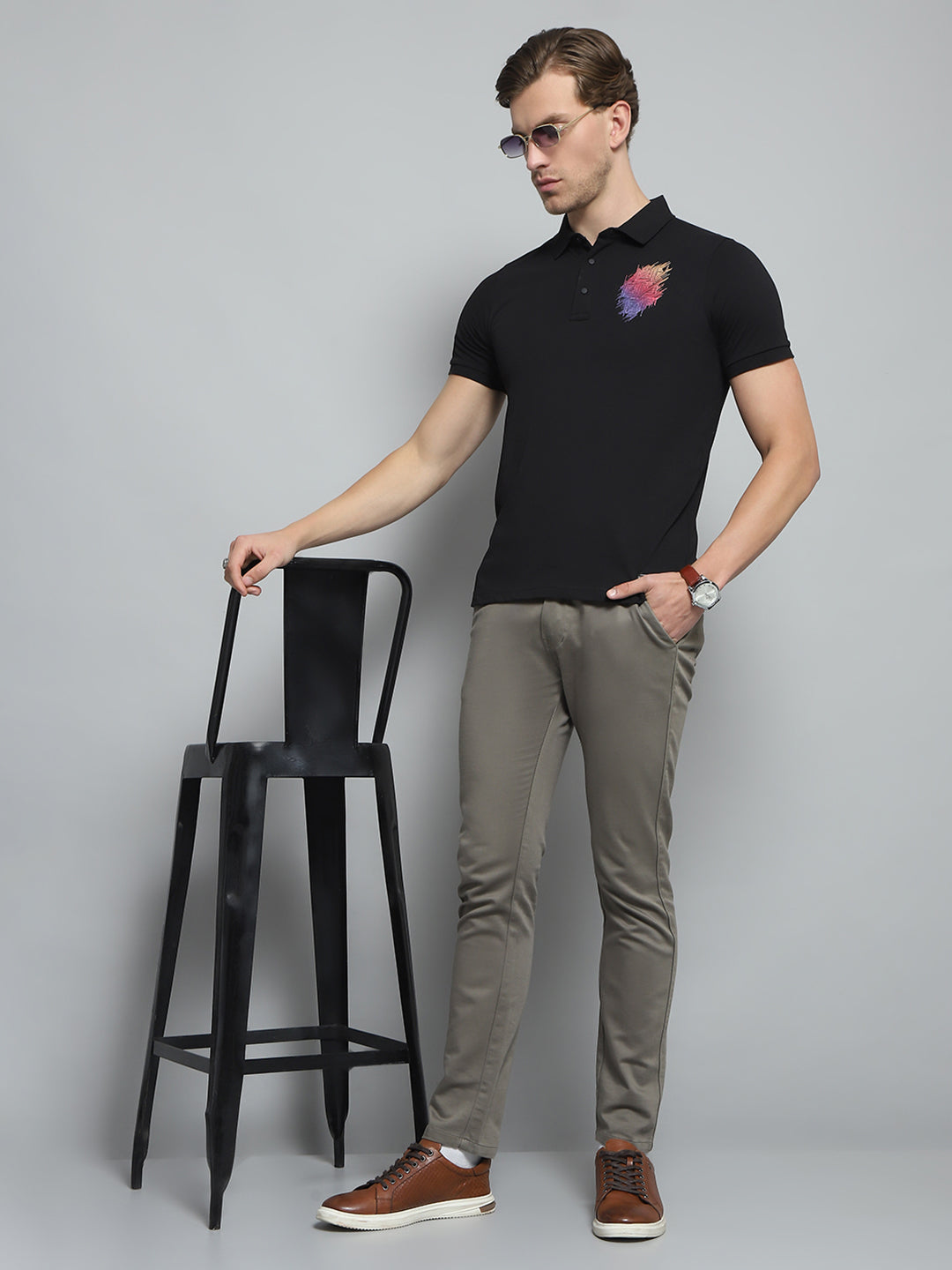 Men Black Printed Collar Half Sleeve T-Shirt