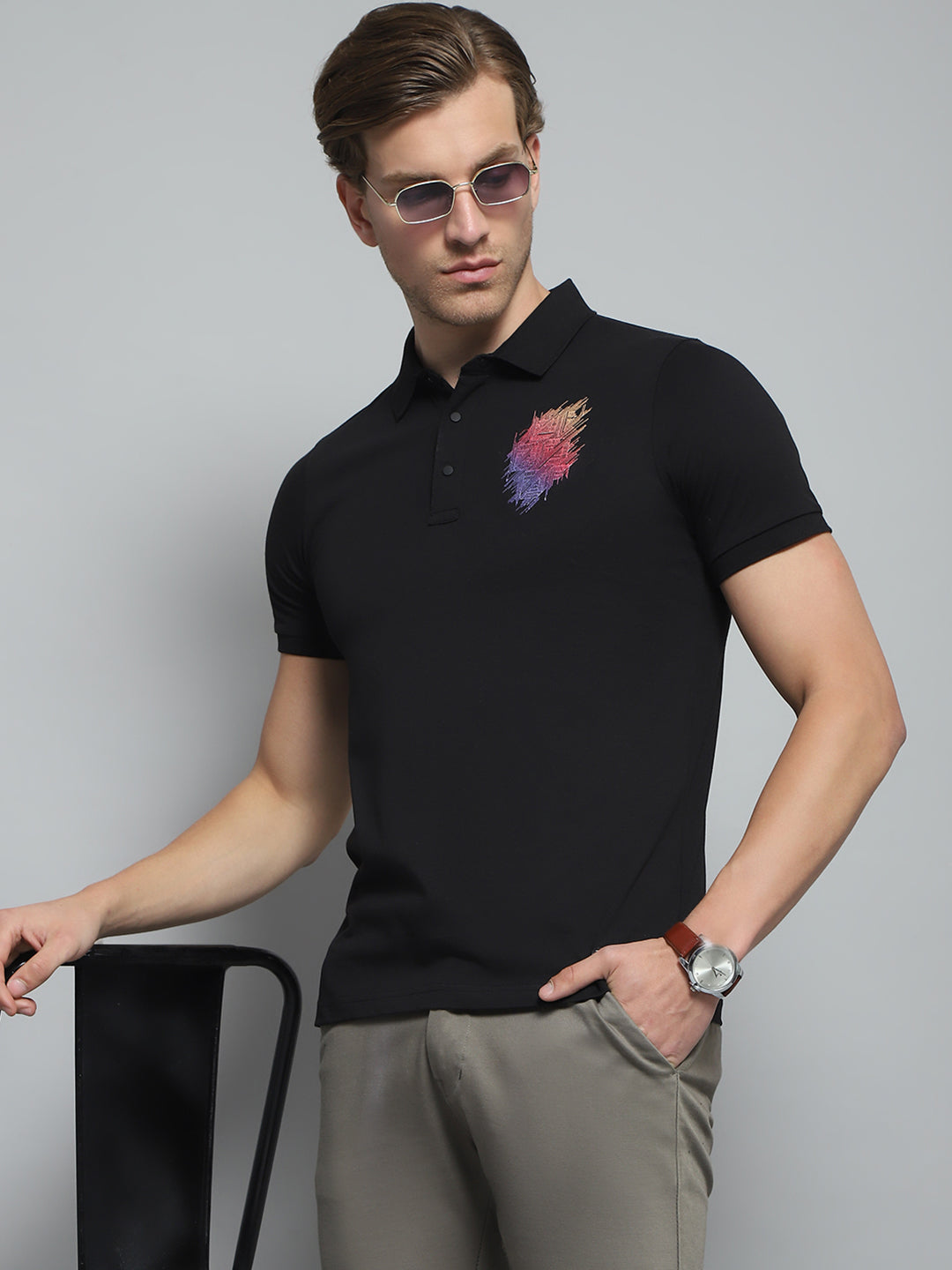 Men Black Printed Collar Half Sleeve T-Shirt