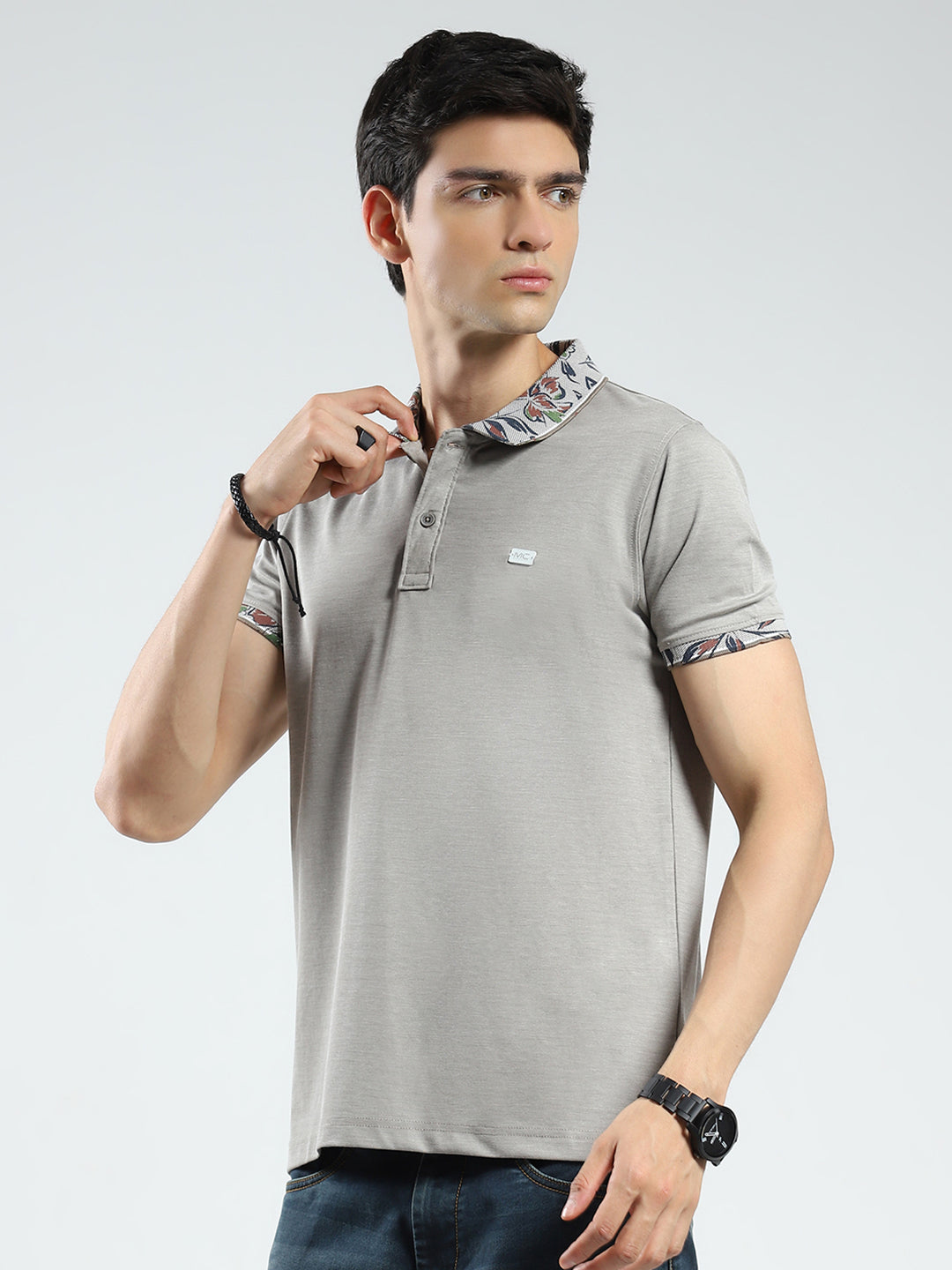 Men Grey Printed Collar Half Sleeve T-Shirt