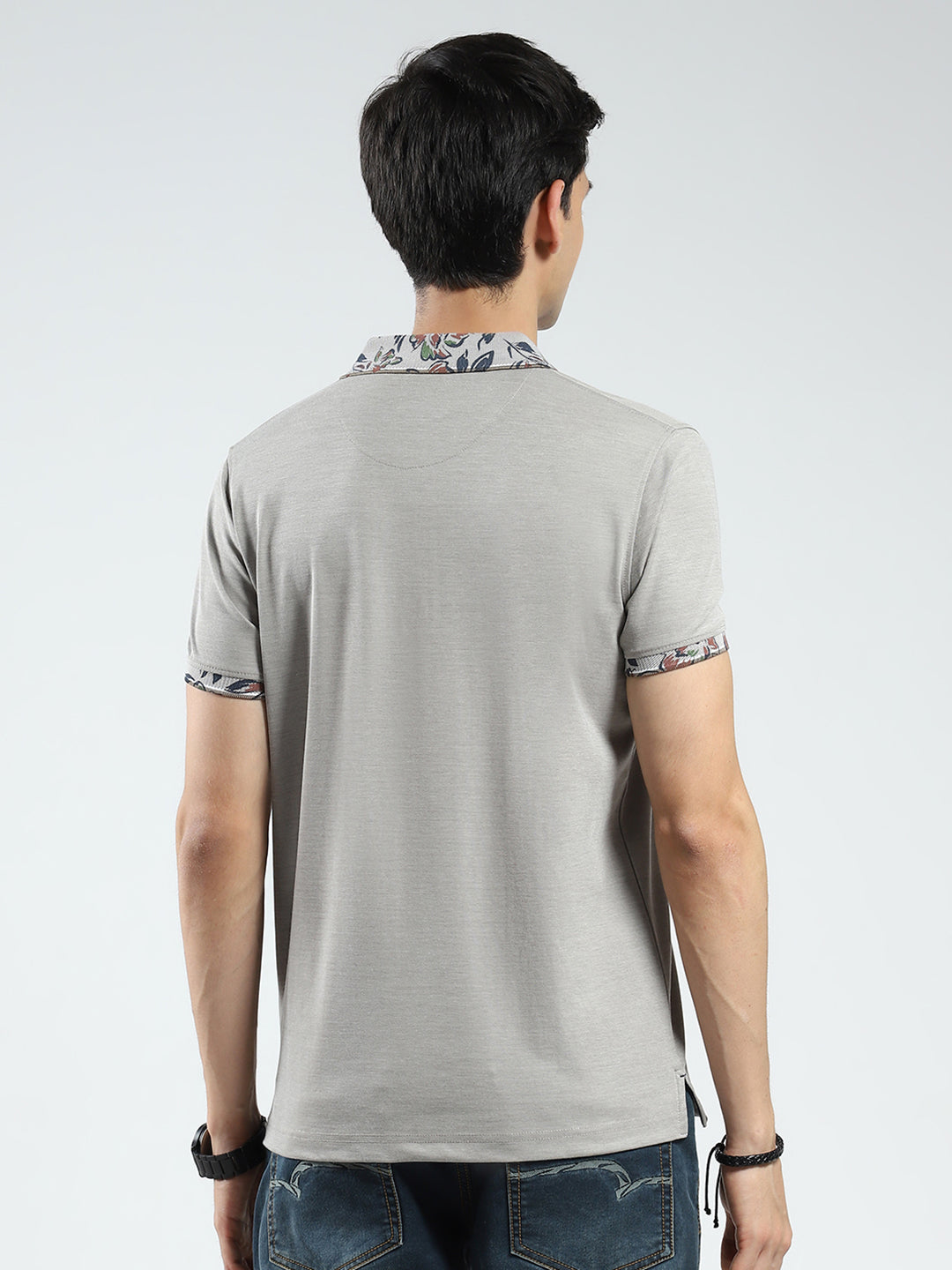 Men Grey Printed Collar Half Sleeve T-Shirt