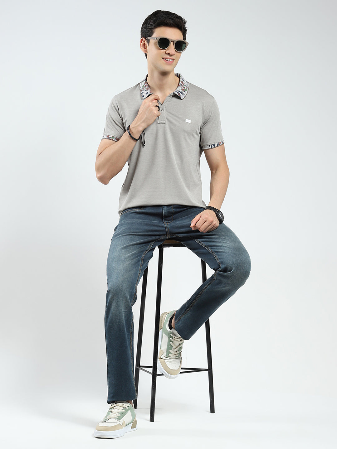 Men Grey Printed Collar Half Sleeve T-Shirt