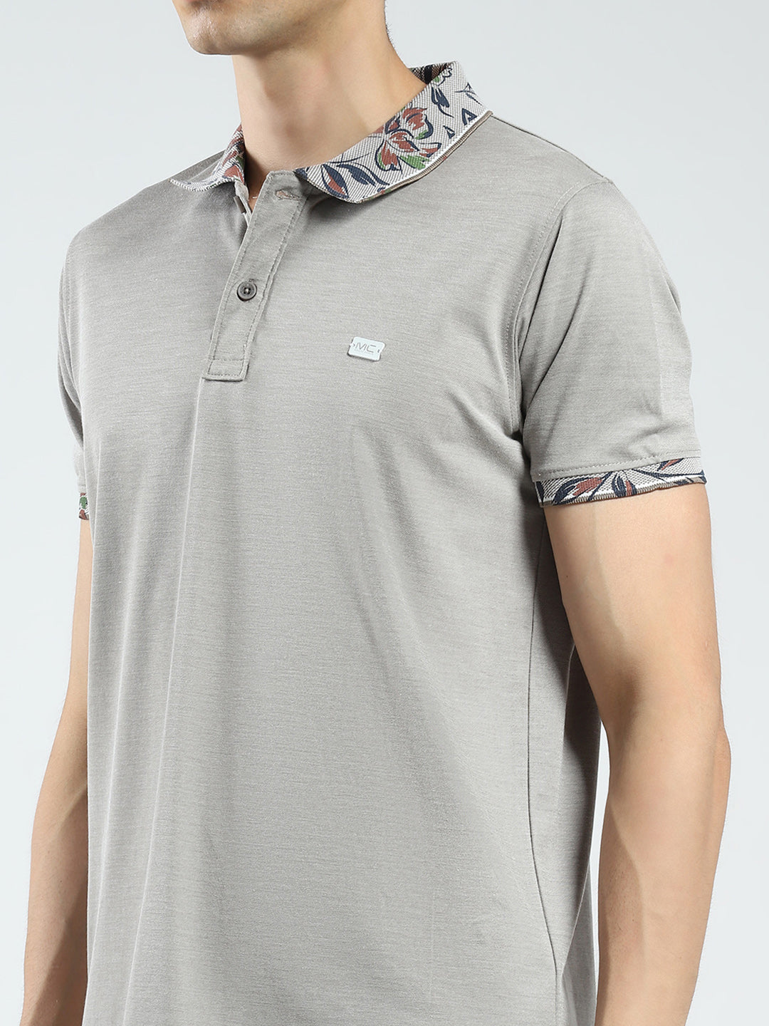 Men Grey Printed Collar Half Sleeve T-Shirt