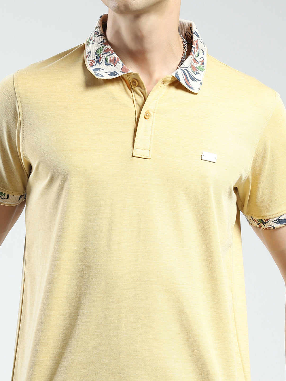 Men Yellow Printed Collar Half Sleeve T-Shirt