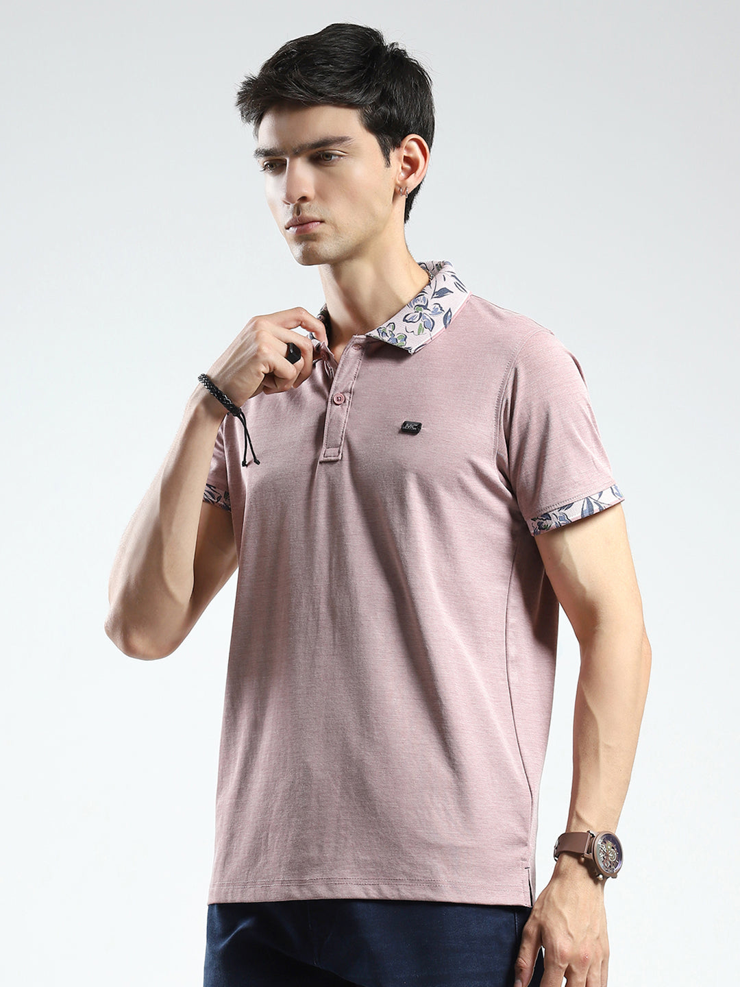 Men Pink Printed Collar Half Sleeve T-Shirt