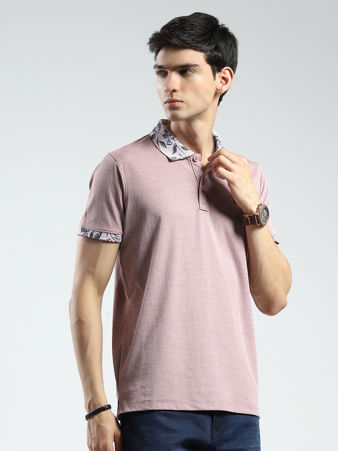 Men Pink Printed Collar Half Sleeve T-Shirt