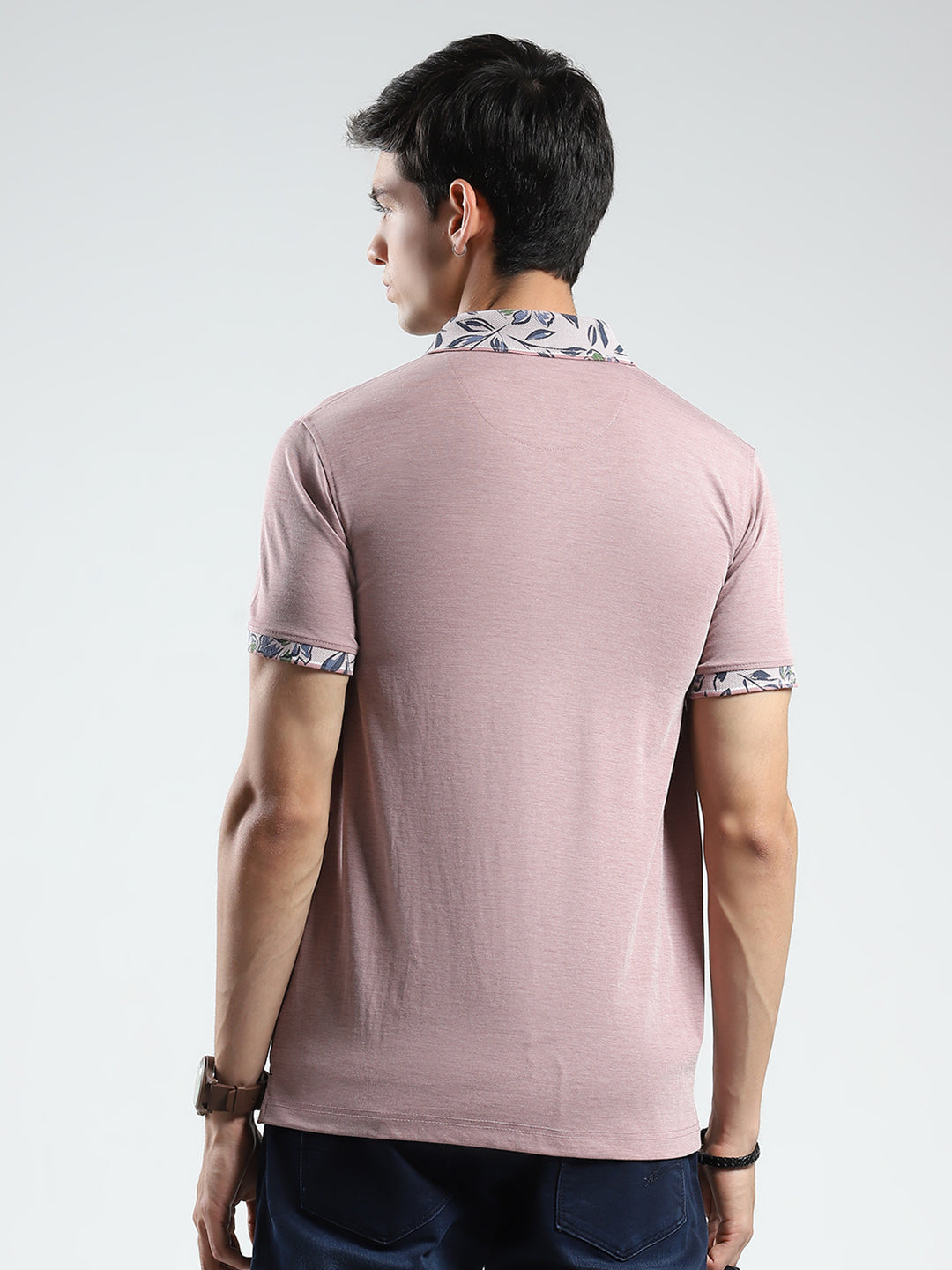 Men Pink Printed Collar Half Sleeve T-Shirt