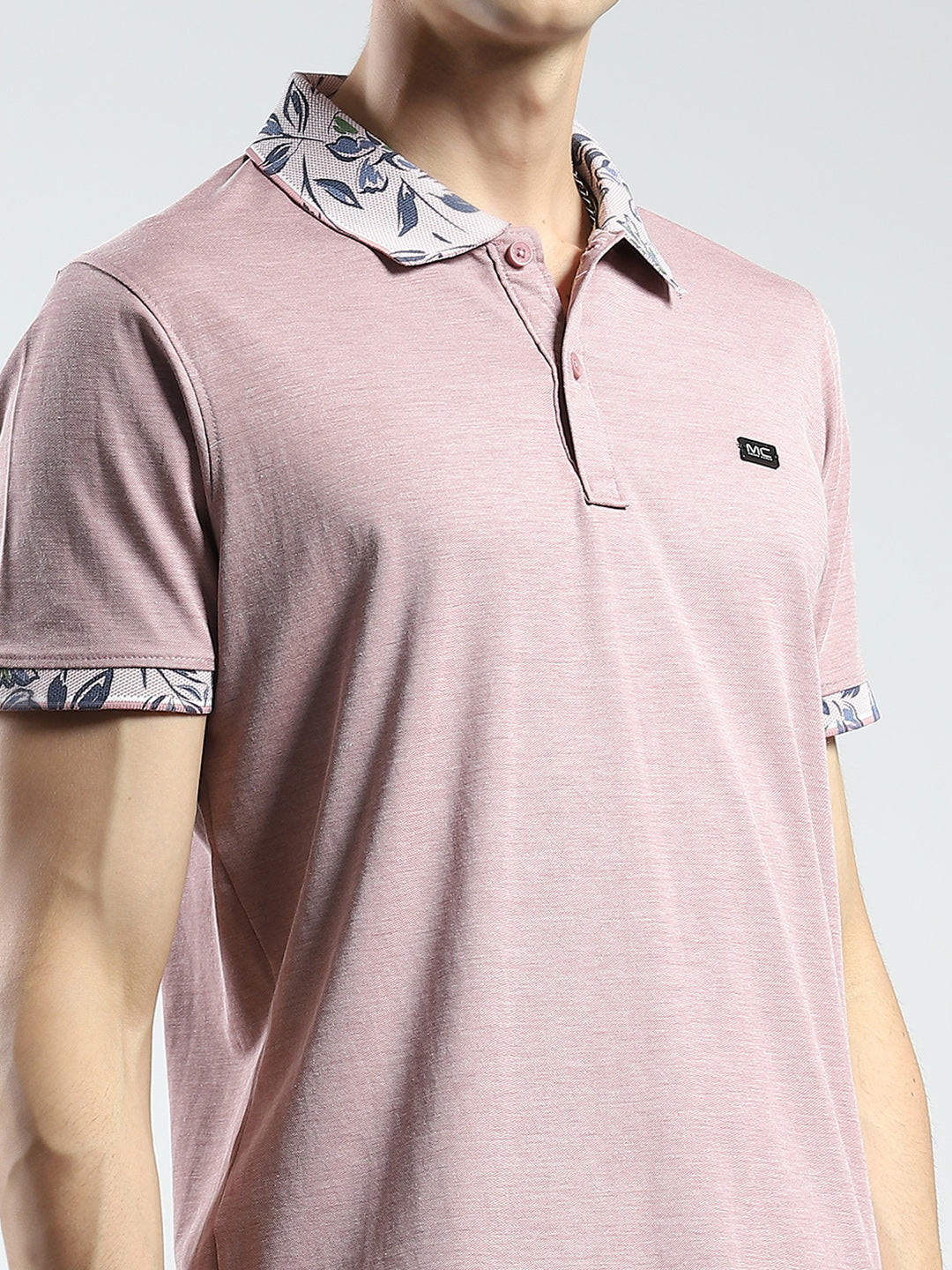 Men Pink Printed Collar Half Sleeve T-Shirt