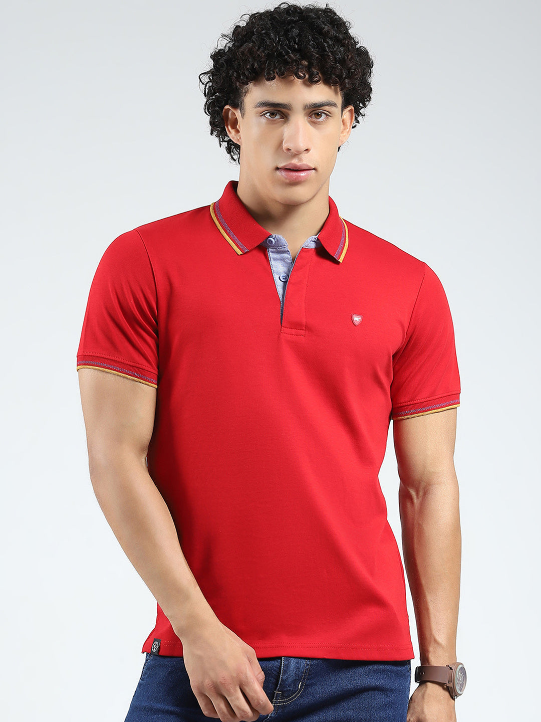Men Red Solid Collar Half Sleeve T-Shirt