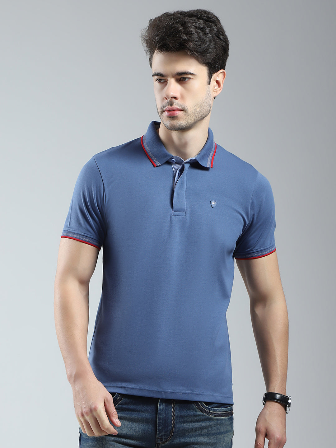Men Blue Solid Collar Half Sleeve T-Shirt