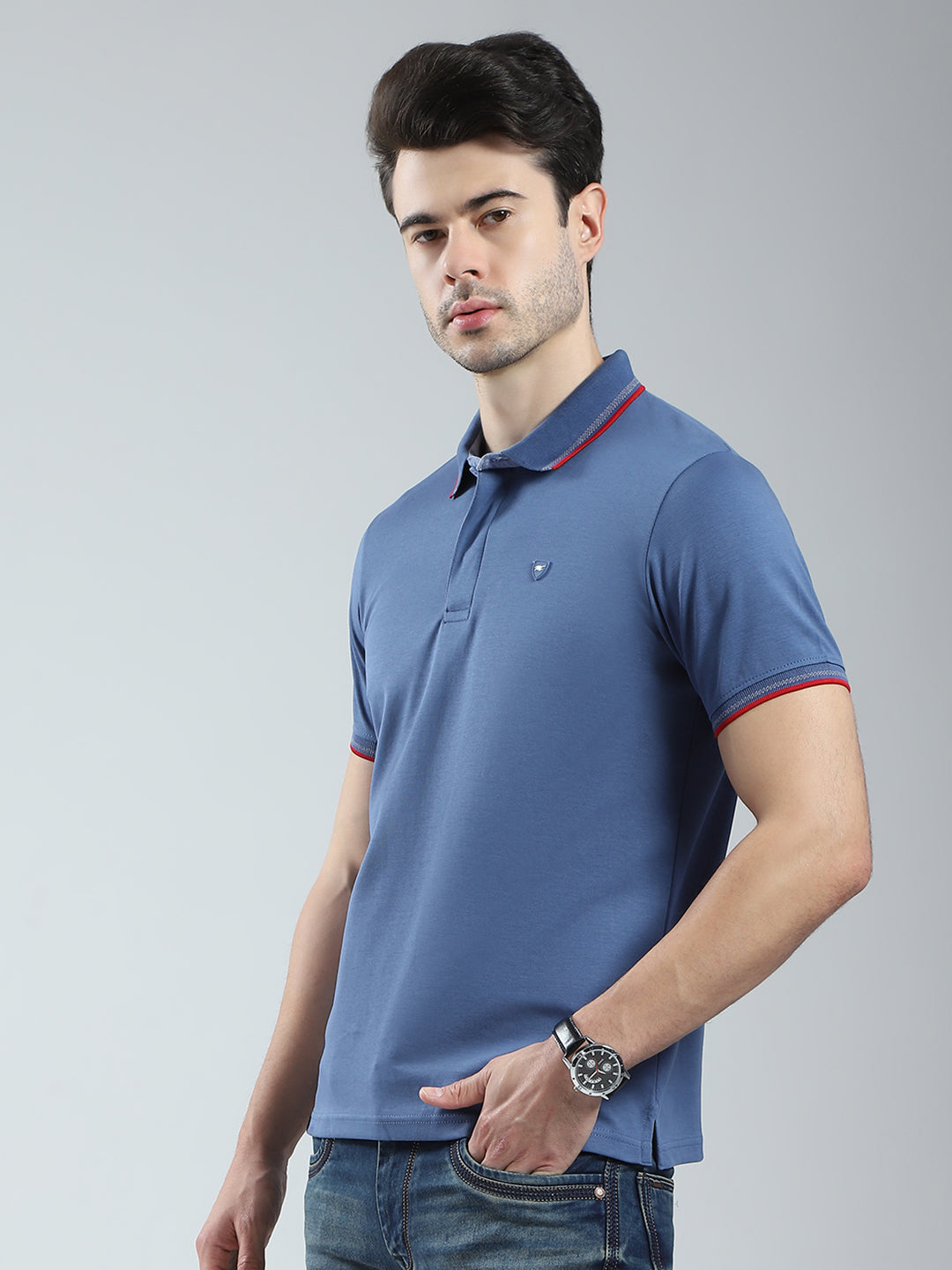 Men Blue Solid Collar Half Sleeve T-Shirt