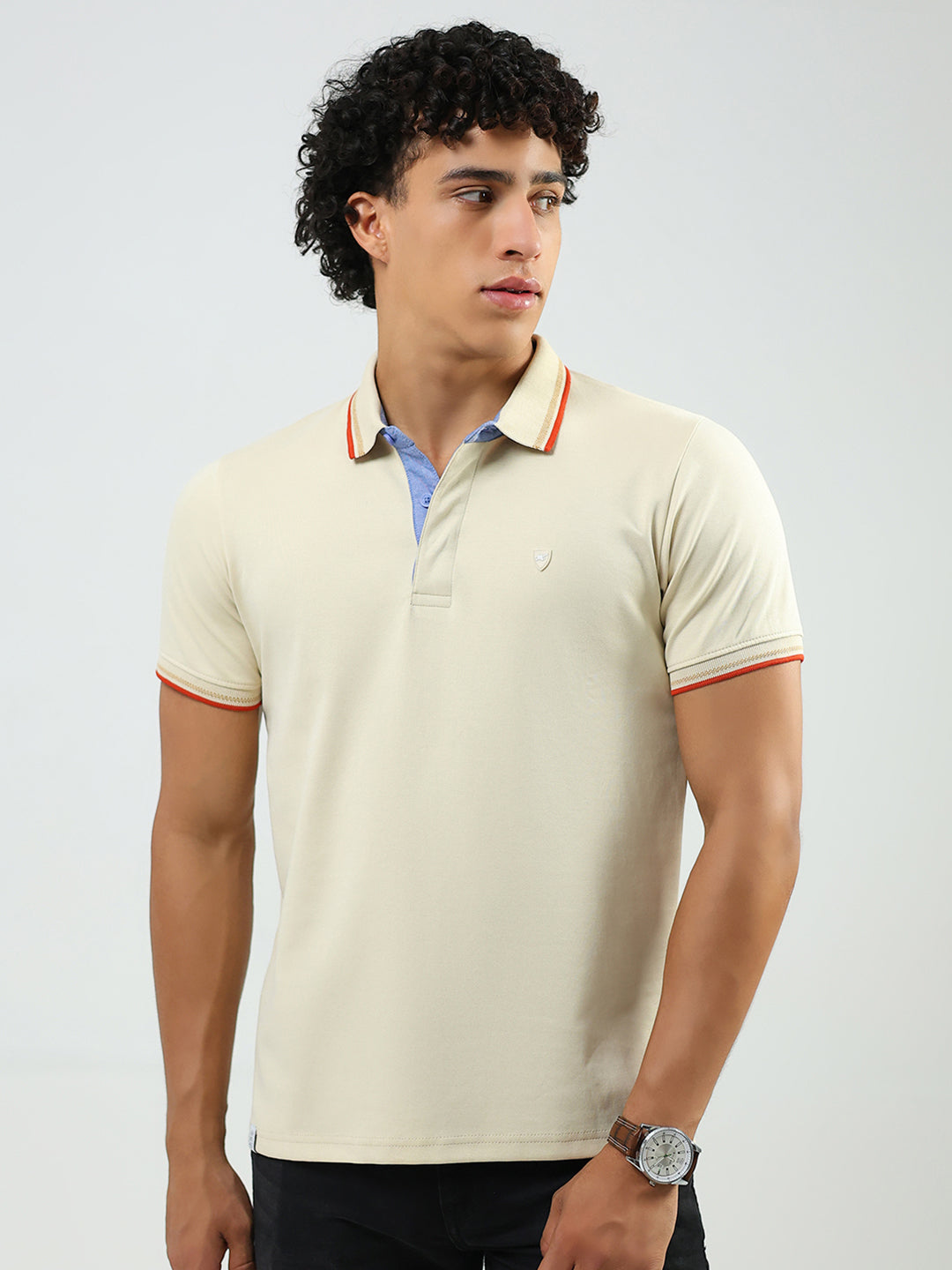 Men Beige Solid Collar Half Sleeve T-Shirt