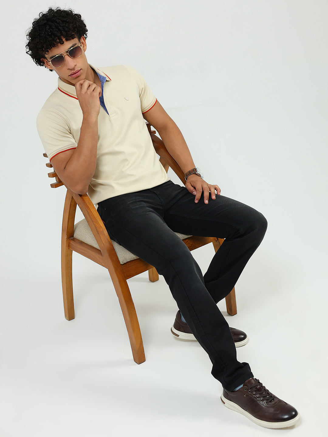 Men Beige Solid Collar Half Sleeve T-Shirt