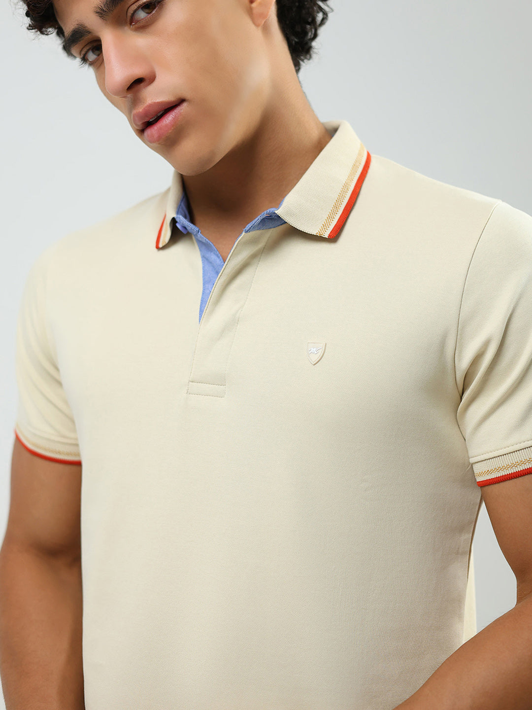 Men Beige Solid Collar Half Sleeve T-Shirt