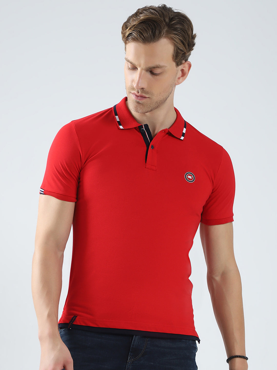 Men Red Solid Collar Half Sleeve T-Shirt