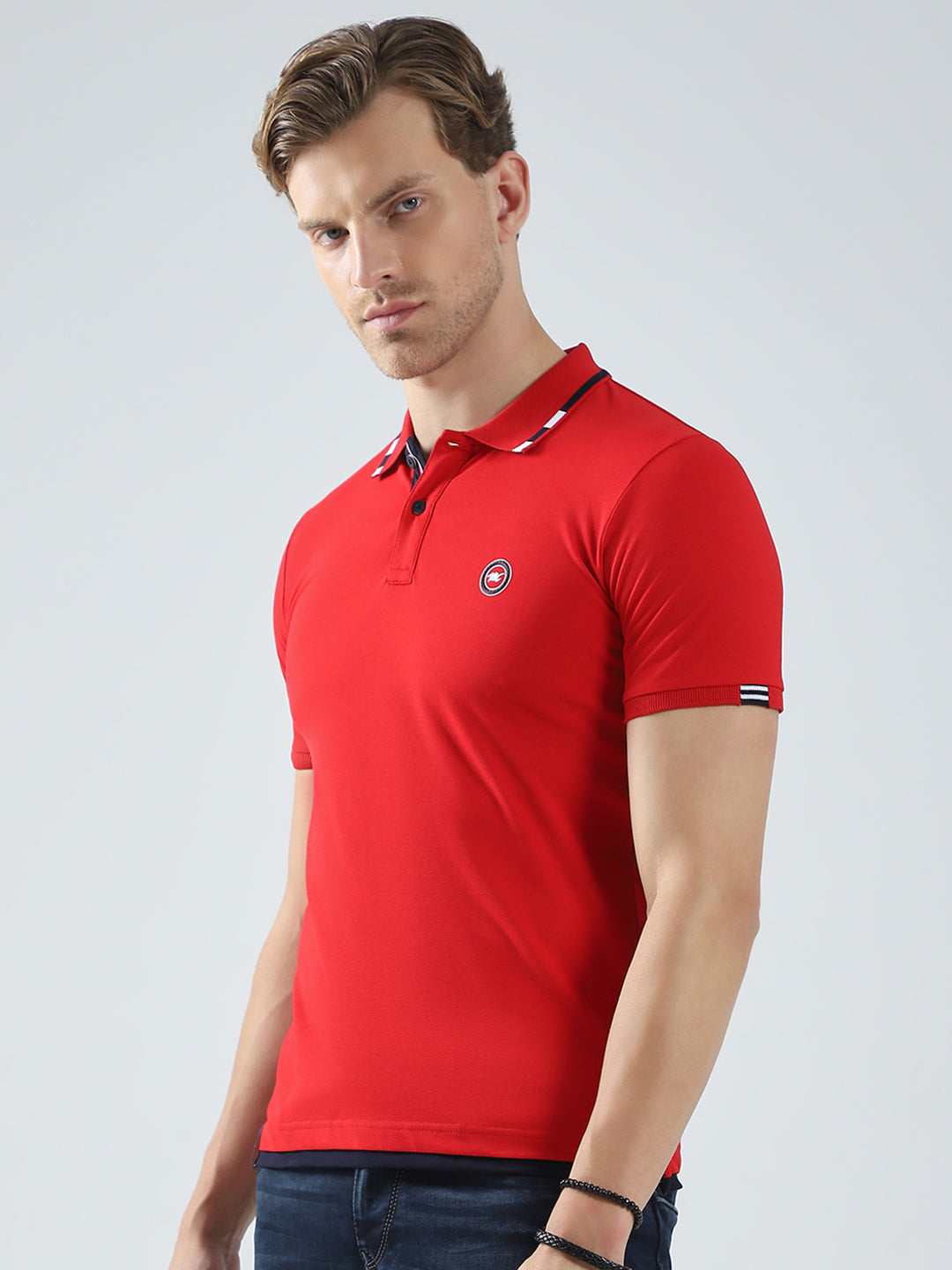 Men Red Solid Collar Half Sleeve T-Shirt