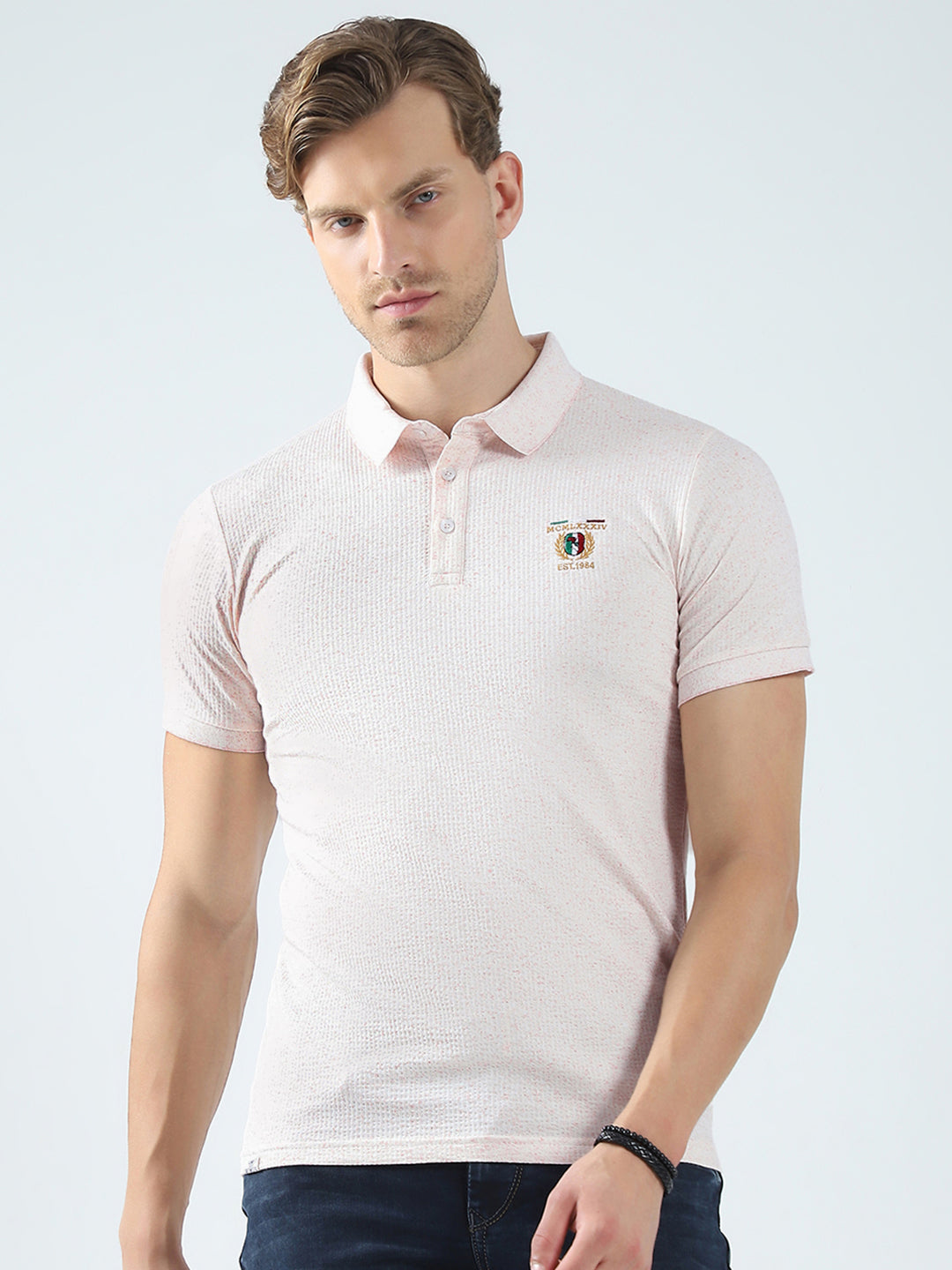 Men Pink Solid Collar Half Sleeve T-Shirt