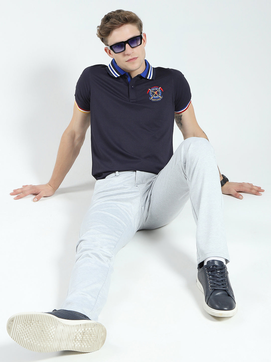 Men Navy Blue Solid Collar Half Sleeve T-Shirt