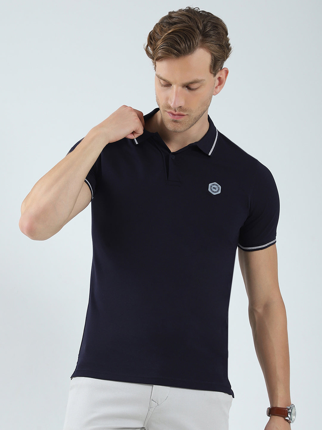 Men Navy Blue Solid Collar Half Sleeve T-Shirt