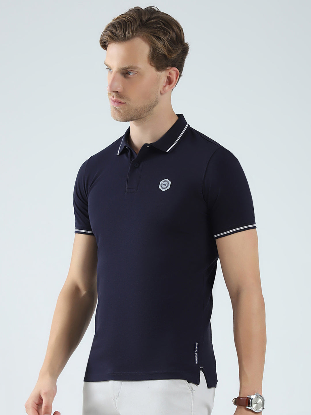 Men Navy Blue Solid Collar Half Sleeve T-Shirt