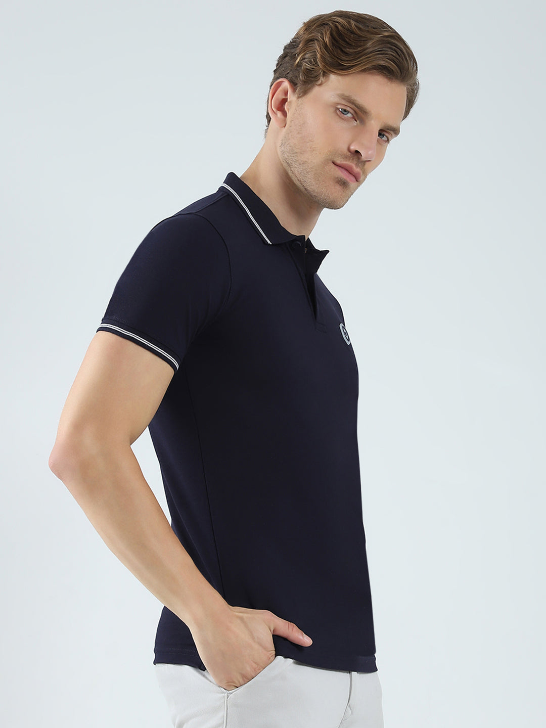 Men Navy Blue Solid Collar Half Sleeve T-Shirt