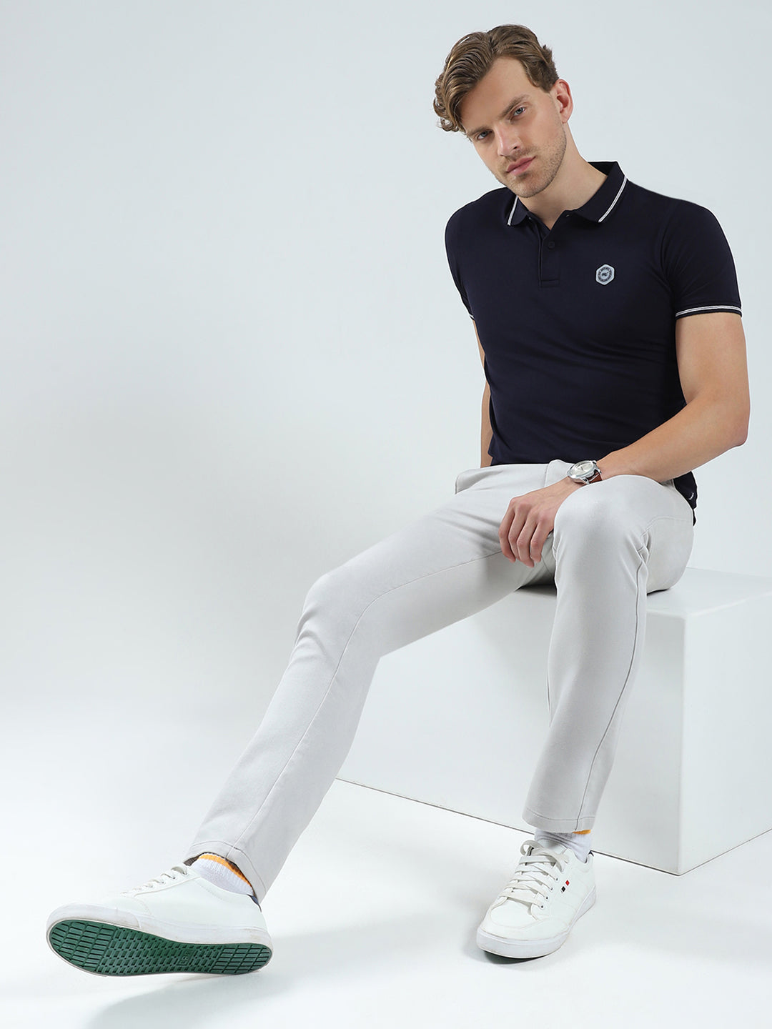 Men Navy Blue Solid Collar Half Sleeve T-Shirt