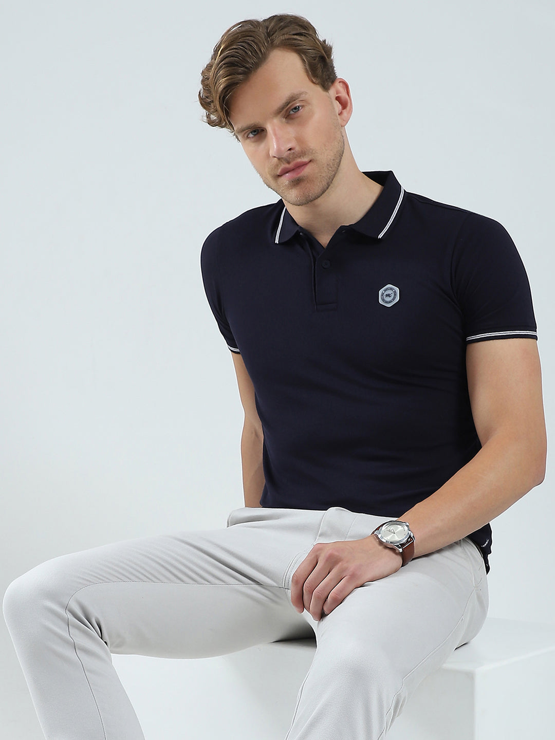 Men Navy Blue Solid Collar Half Sleeve T-Shirt