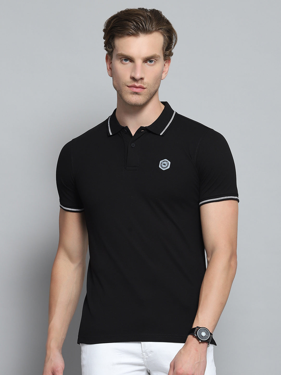 Men Black Solid Collar Half Sleeve T-Shirt