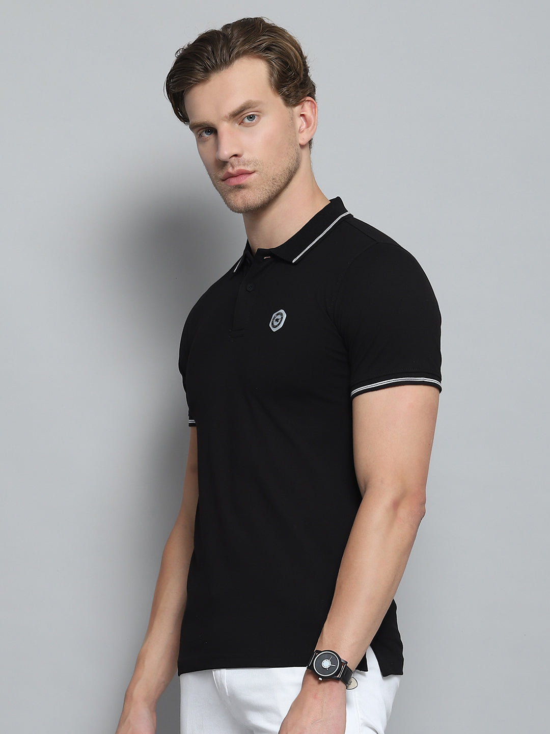 Men Black Solid Collar Half Sleeve T-Shirt