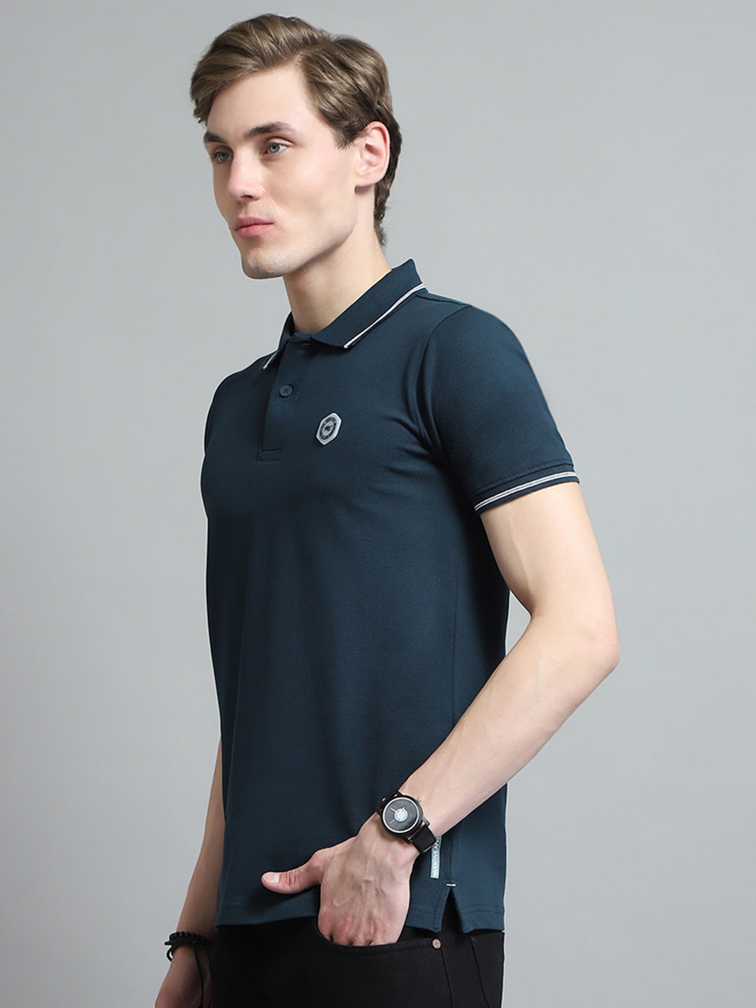 Men Teal Blue Solid Collar Half Sleeve T-Shirt