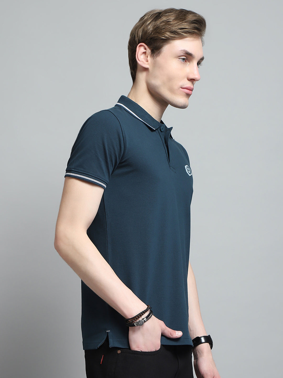 Men Teal Blue Solid Collar Half Sleeve T-Shirt