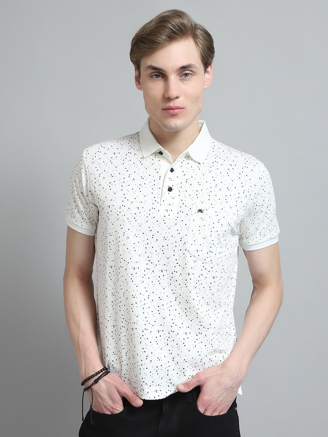 Men White Printed Collar Half Sleeve T-Shirt