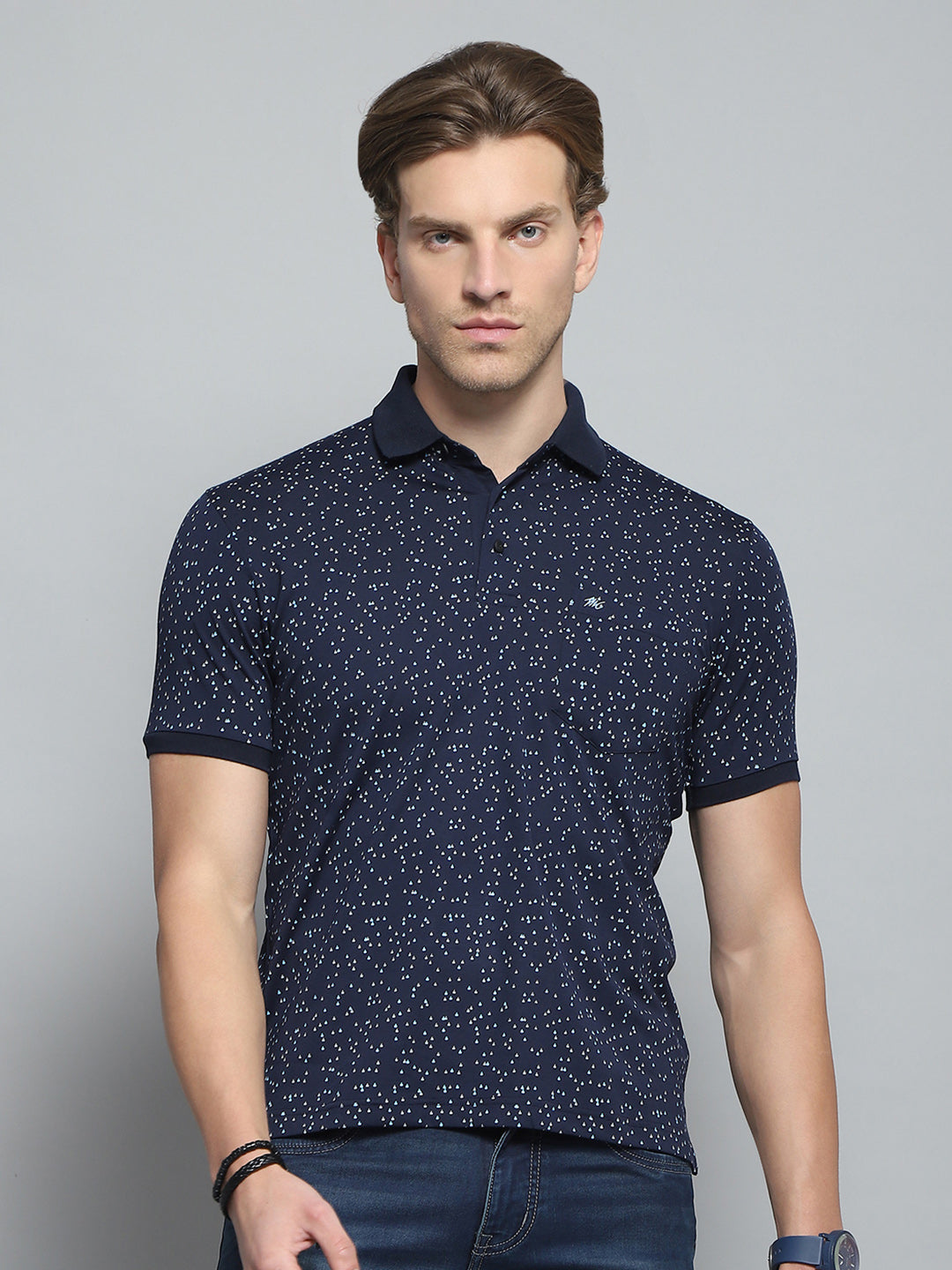Men Navy Blue Printed Collar Half Sleeve T-Shirt