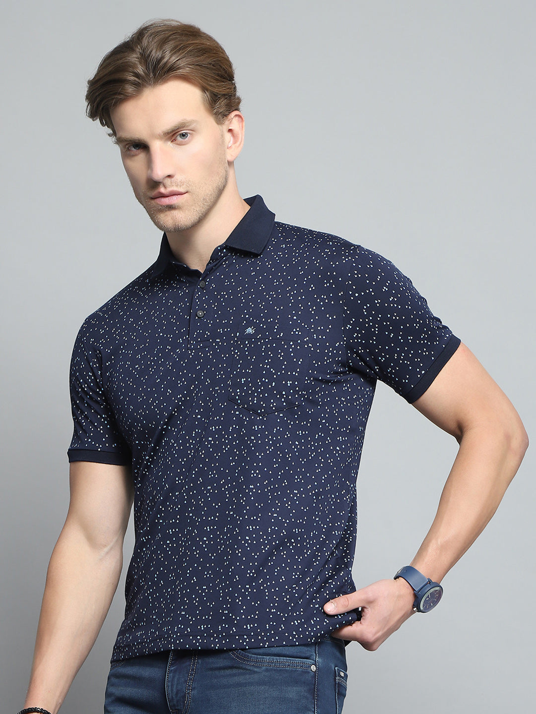 Men Navy Blue Printed Collar Half Sleeve T-Shirt