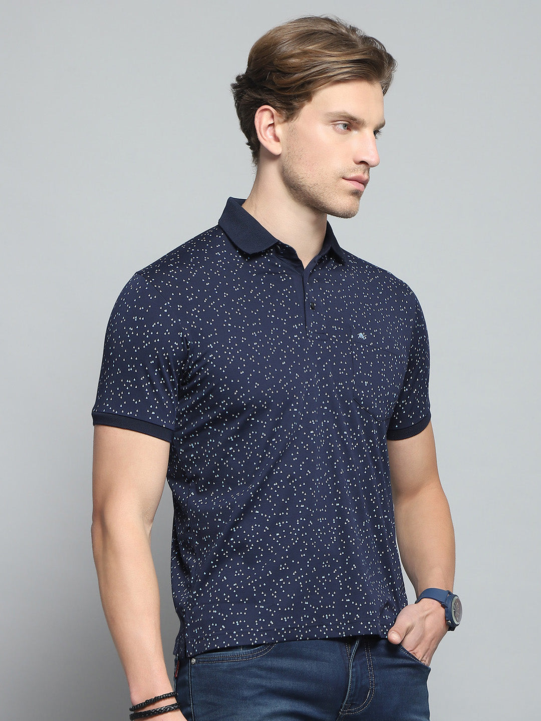 Men Navy Blue Printed Collar Half Sleeve T-Shirt