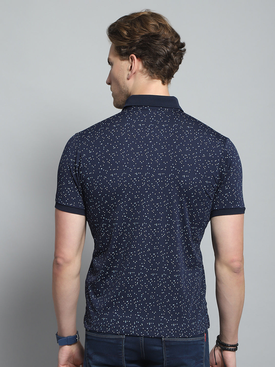Men Navy Blue Printed Collar Half Sleeve T-Shirt