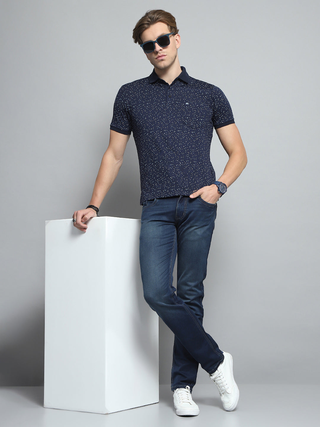 Men Navy Blue Printed Collar Half Sleeve T-Shirt