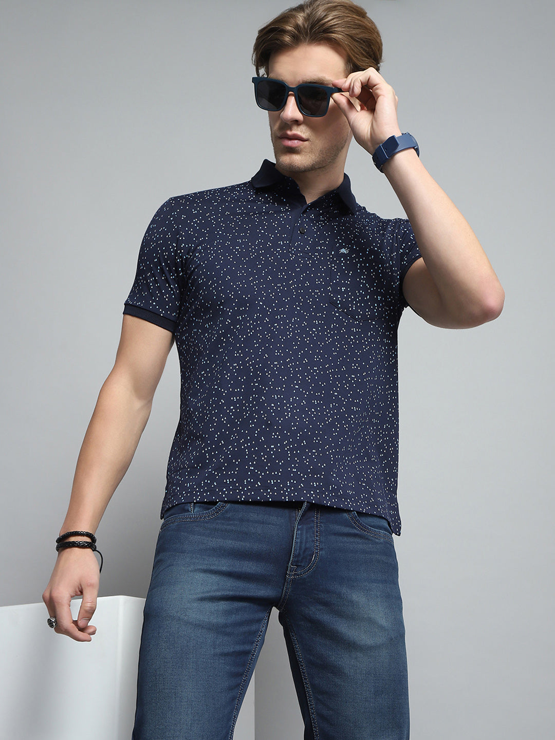Men Navy Blue Printed Collar Half Sleeve T-Shirt
