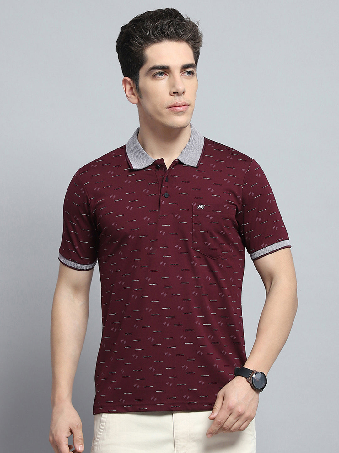 Men Maroon Printed Collar Half Sleeve T-Shirt