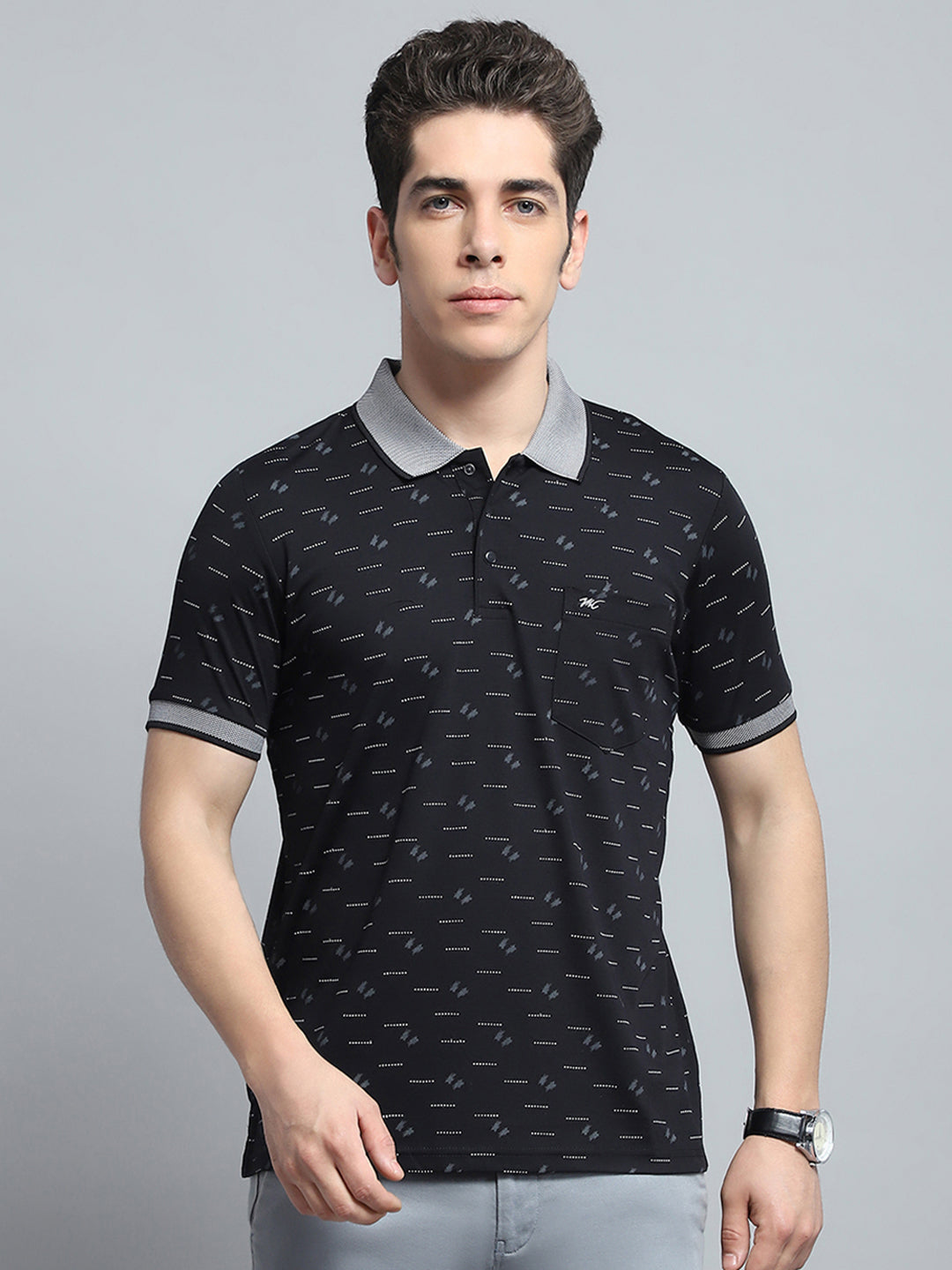 Men Black Printed Collar Half Sleeve T-Shirt